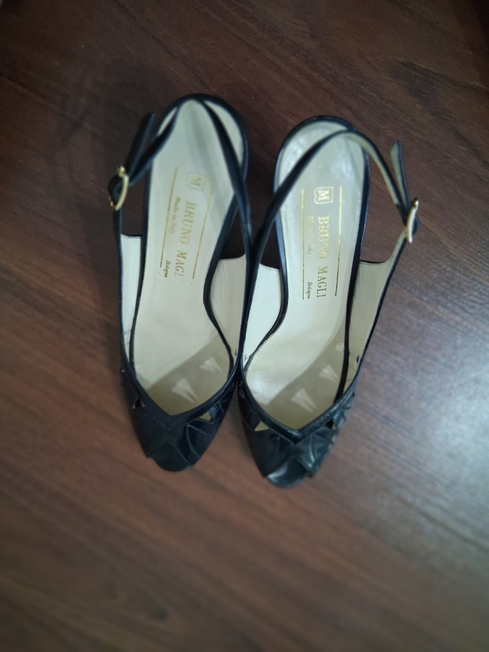 Bruno Magli Black Leather Slingback Peep-Toe Heels